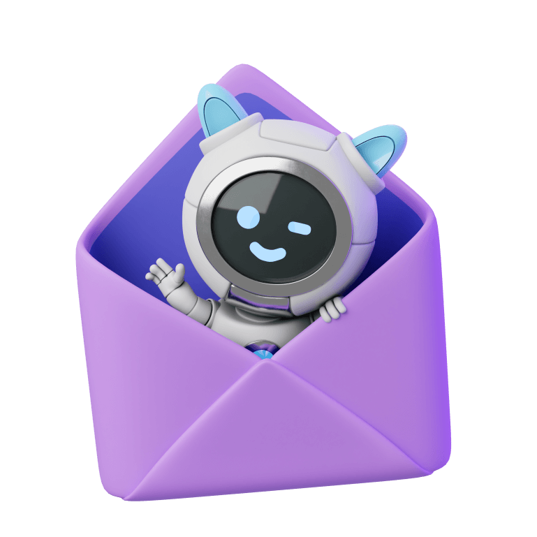 smiling robot cat waving from an open purple letterbox