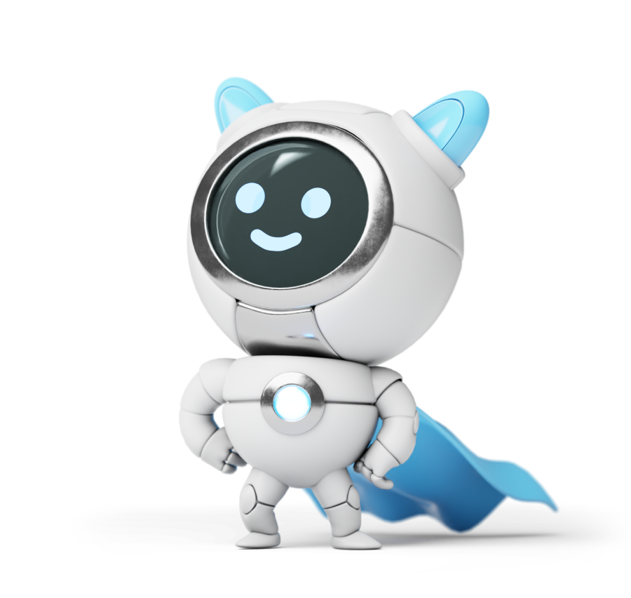 robot cat proudly smiles, a blue cloak develops behind it