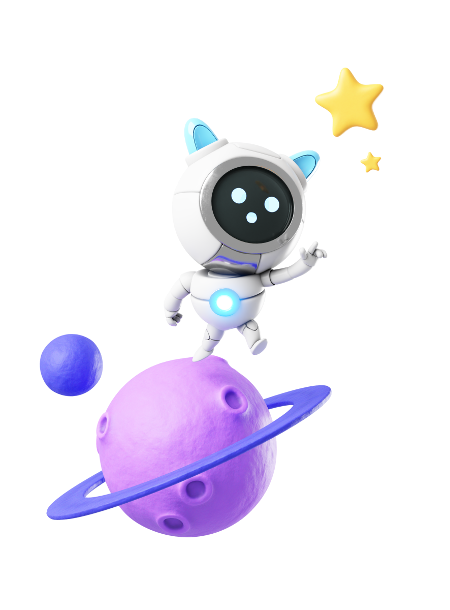a robot cat stands with one foot on a purple planet with a blue ring around it and reaches for the star