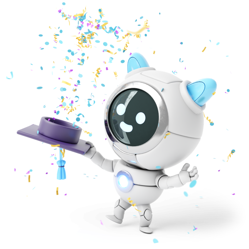 happy robot cat holds in his hands an academic hat and confetti fall on the background
